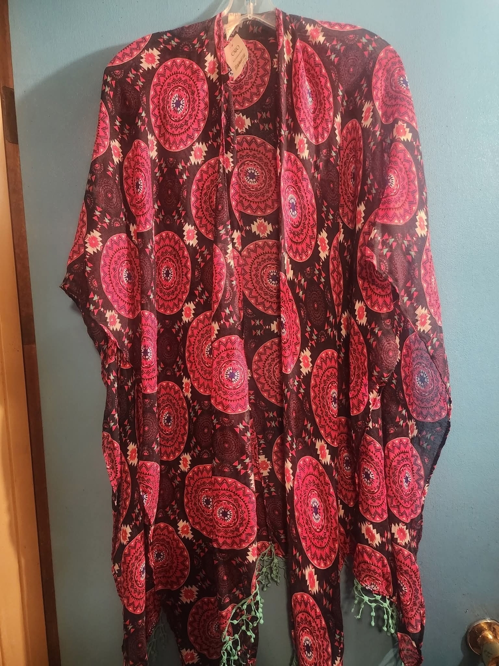 Oversized Cato Black and Pink Mandala Print Sheer Kimono Wrap